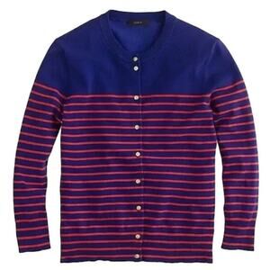 NWT J.CREW Striped Jackie Cardigan in Navy & Coral  Gold anchor buttons  SZ L